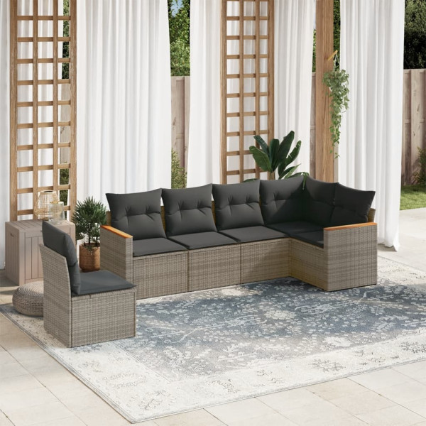 6 pcs conjunto sofás de jardim com almofadões vime cinzento D