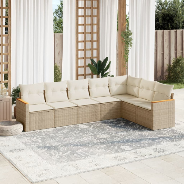 7 pcs conjunto de sofás p/ jardim com almofadões vime PE bege D