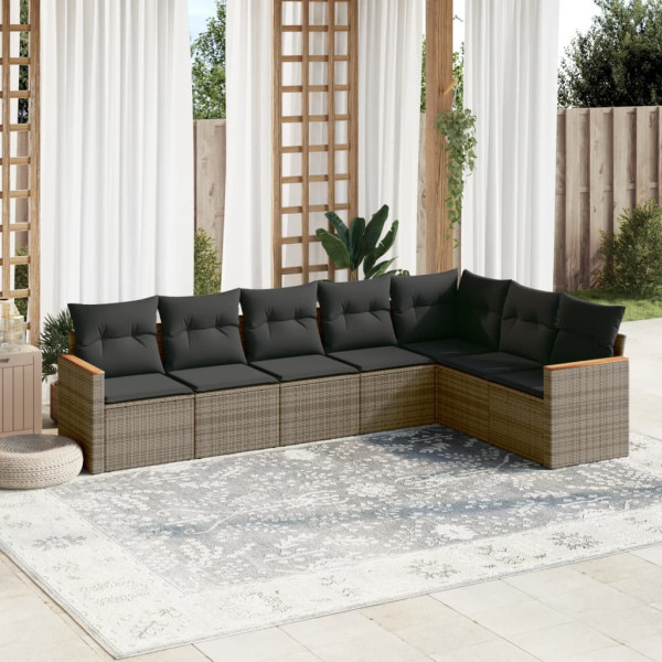 7 pcs conjunto sofás p/ jardim c/ almofadões vime PE cinzento D