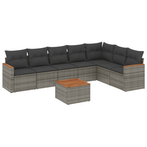 8 pcs conjunto sofás de jardim c/ almofadões vime PE cinzento H