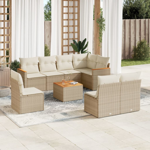 Set de sofás de jardín 9 pzas con cojines ratán sintético beige D