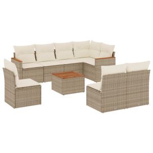 9 pcs conjunto de sofás p/ jardim com almofadões vime PE bege H