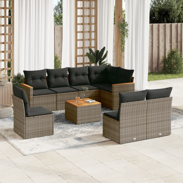 Set de muebles de jardín 9 pzas y cojines ratán sintético gris D