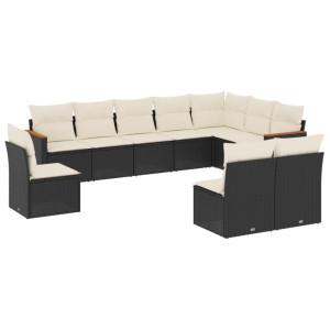 10 pcs conjunto sofás de jardim c/ almofadões vime PE preto H
