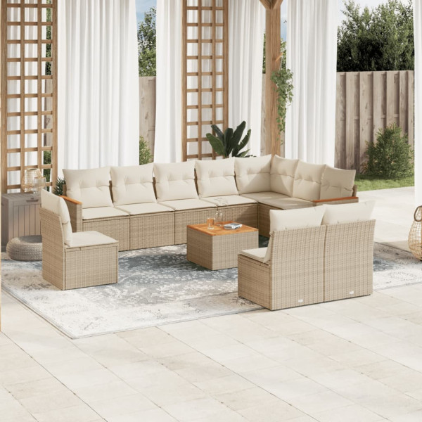 Set de sofás de jardín 11pzas con cojines ratán sintético beige D