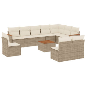 11 pcs conjunto sofás de jardim c/ almofadões vime PE bege H