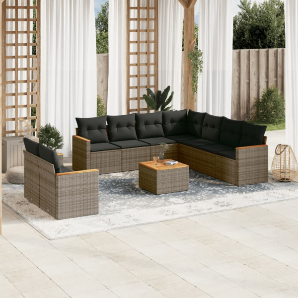 10 pcs conjunto sofás de jardim c/ almofadões vime PE cinzento D