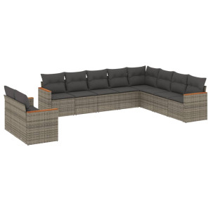 10 pcs conjunto sofás de jardim c/ almofadões vime PE cinzento H