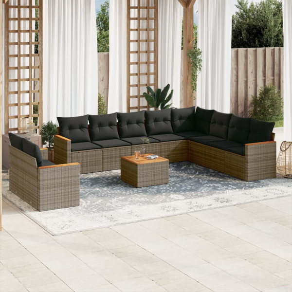 Set de sofás de jardín 11 pzas y cojines ratán sintético gris D