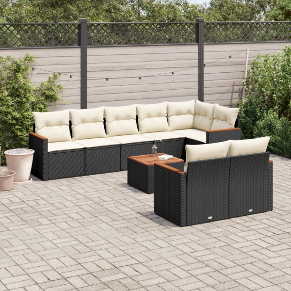 9 pcs conjunto de sofás p/ jardim c/ almofadões vime PE preto D