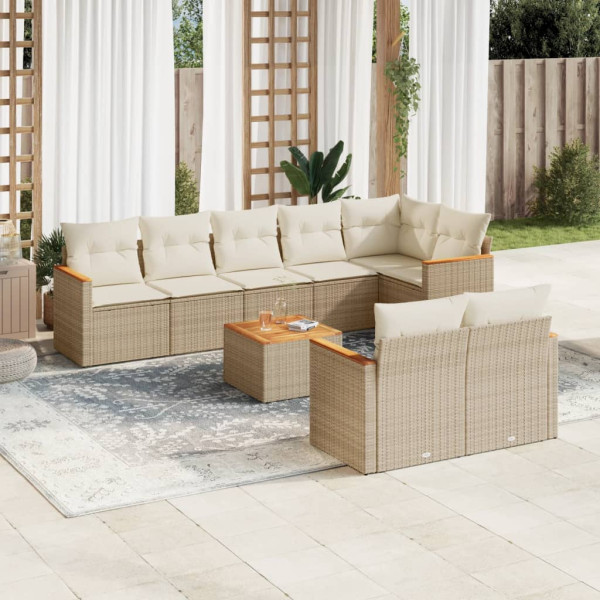 Set de sofás de jardín 9 pzas con cojines ratán sintético beige D
