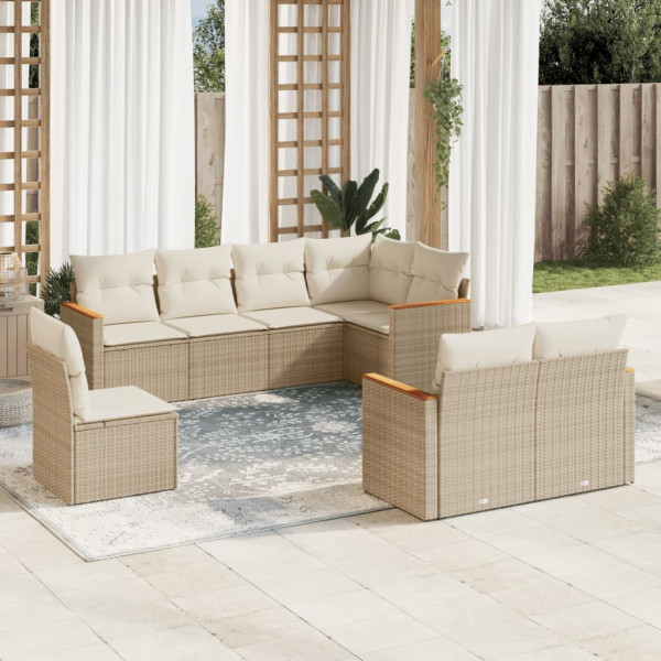 8 pcs conjunto de sofás p/ jardim com almofadões vime PE bege D