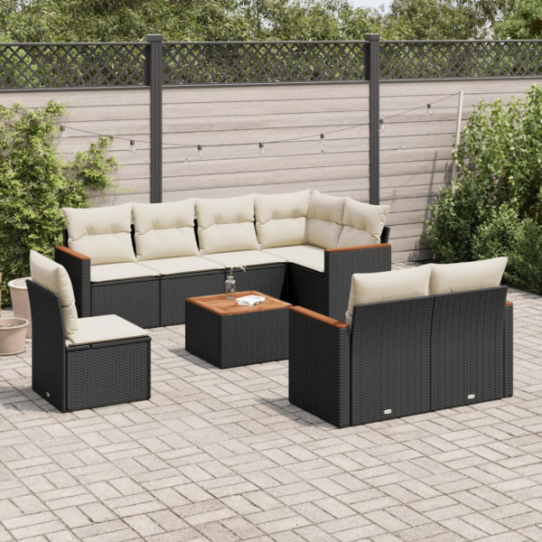 9 pcs conjunto de sofás p/ jardim c/ almofadões vime PE preto D