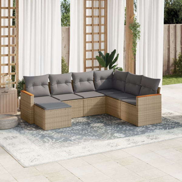 7 pcs conj. sofás jardim c/ almofadões vime PE bege misturado D