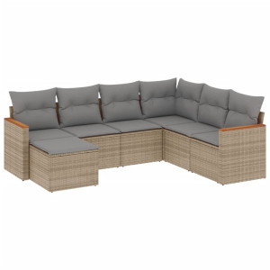 7 pcs conj. sofás jardim c/ almofadões vime PE bege misturado H