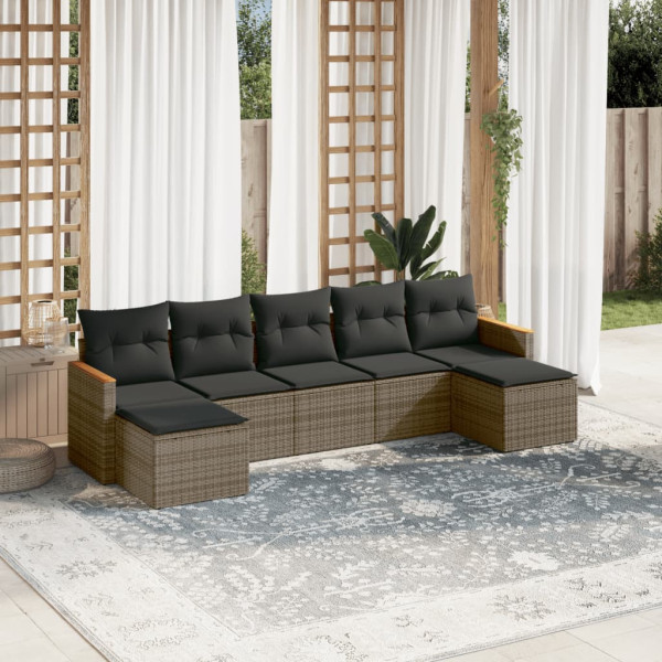 7 pcs conjunto sofás p/ jardim c/ almofadões vime PE cinzento D