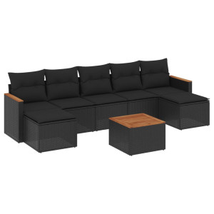 8 pcs conjunto sofás de jardim com almofadões vime PE preto H