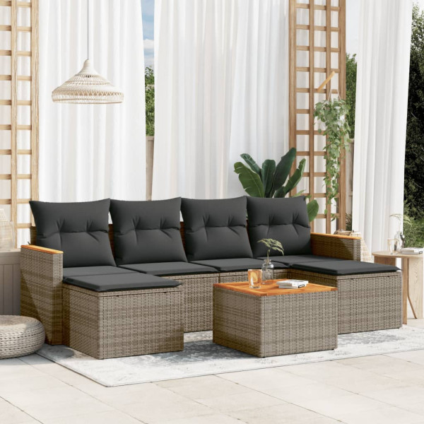 Set de sofás de jardín 7 piezas con cojines ratán PE gris D