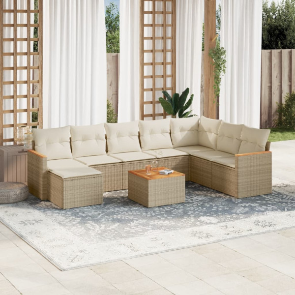 Set de sofás de jardín 9 pzas con cojines ratán sintético beige D