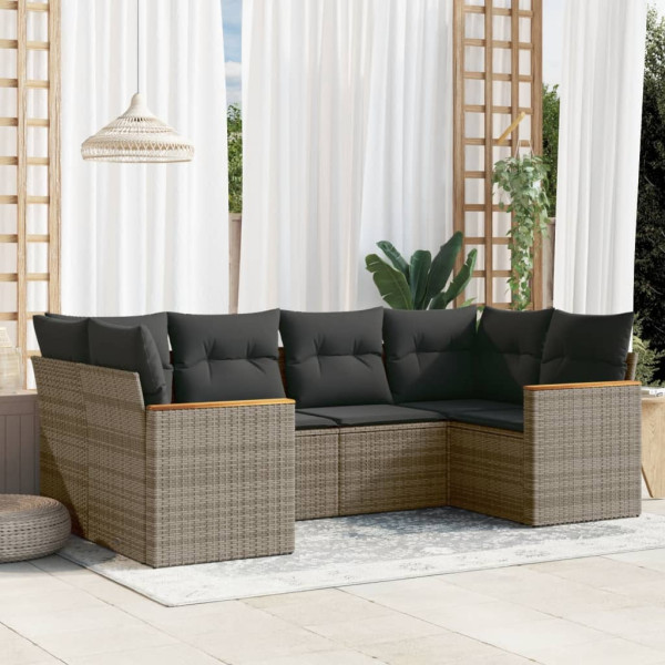 Set de muebles de jardín 6 pzas y cojines ratán sintético gris D