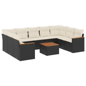 10 pcs conjunto sofás de jardim c/ almofadões vime PE preto H
