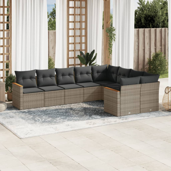 Set de muebles de jardín 9 pzas y cojines ratán sintético gris D