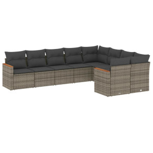 Set de muebles de jardín 9 pzas y cojines ratán sintético gris H