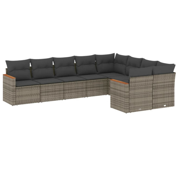 9 pcs conjunto sofás p/ jardim com almofadões vime PE cinzento M 2