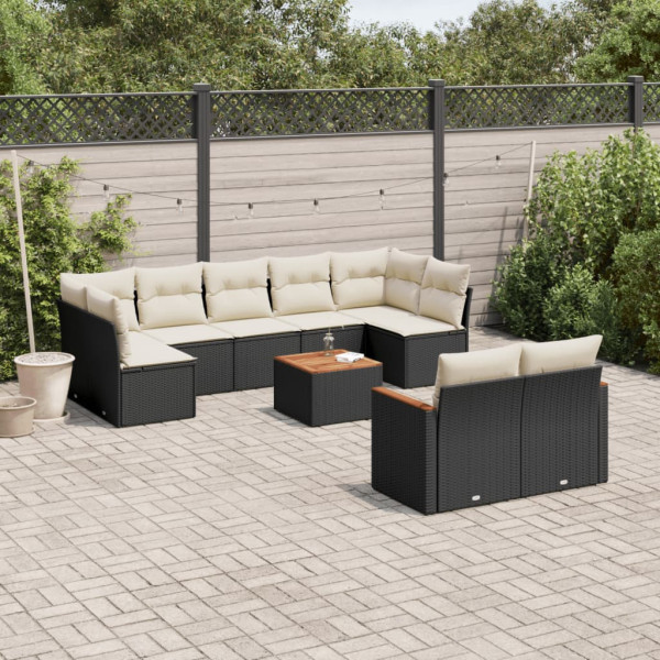 10 pcs conjunto sofás de jardim c/ almofadões vime PE preto D
