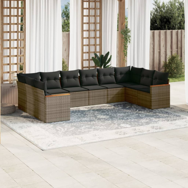 10 pcs conjunto sofás de jardim c/ almofadões vime PE cinzento D