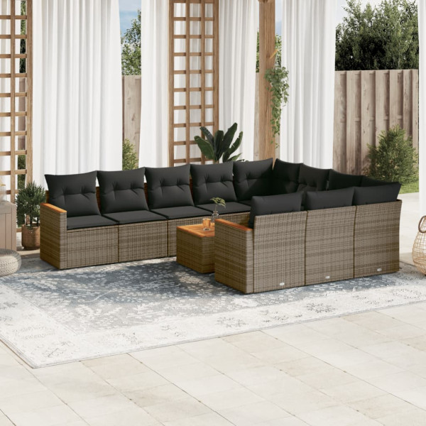 11 pcs conjunto sofás de jardim c/ almofadões vime PE cinzento D