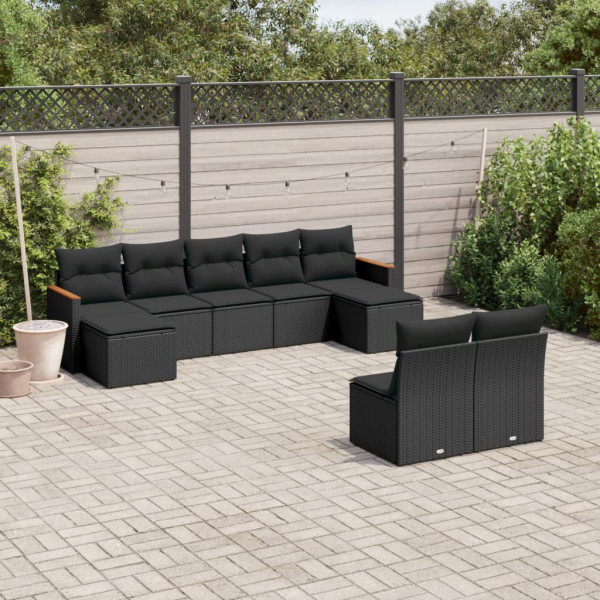Set de sofás de jardín 8 piezas y cojines ratán sintético negro D