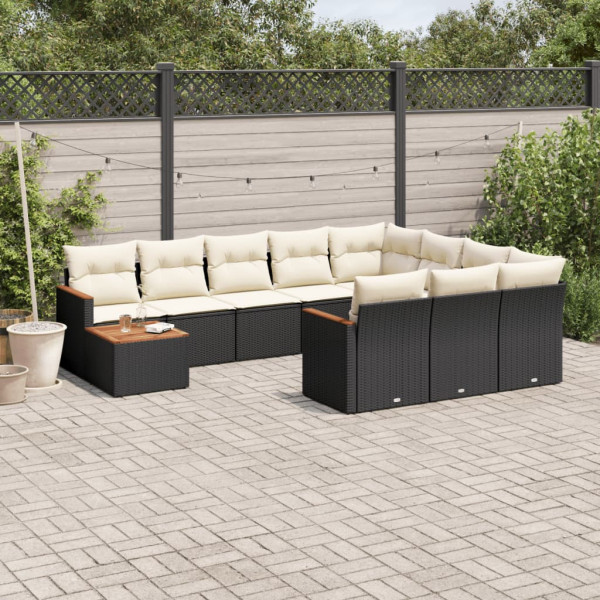 Set de sofás de jardín 11 pzas y cojines ratán sintético negro D