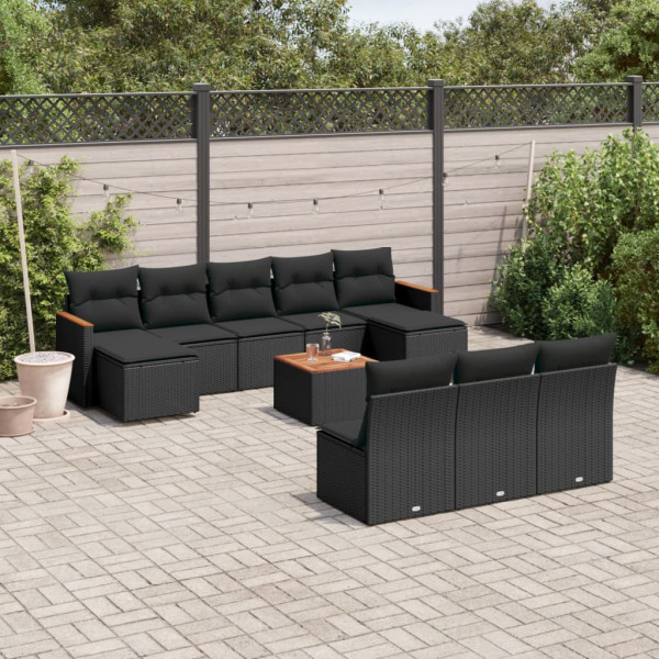 11 pcs conjunto sofás de jardim c/ almofadões vime PE preto D