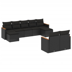 9 pcs conjunto de sofás p/ jardim c/ almofadões vime PE preto H