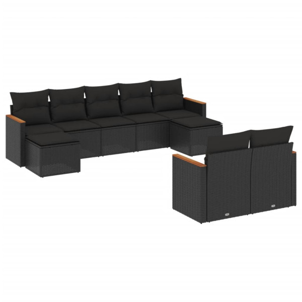 9 pcs conjunto de sofás p/ jardim c/ almofadões vime PE preto M 2