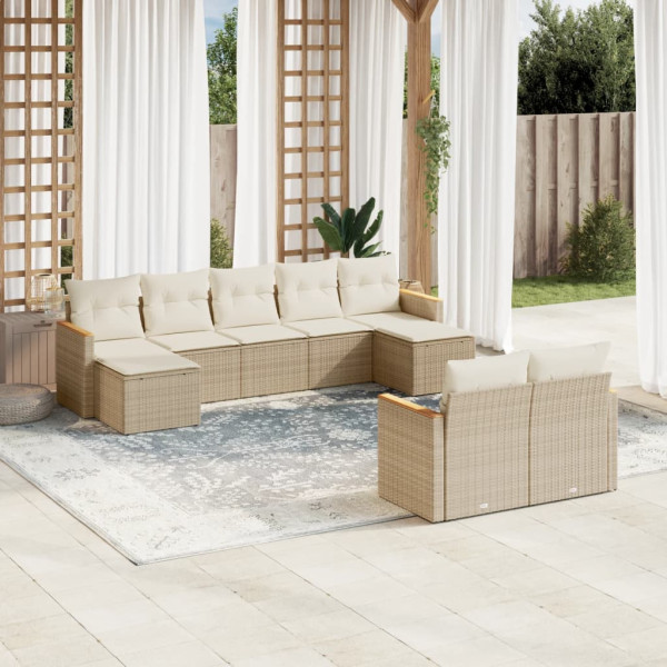 Set de sofás de jardín 9 pzas con cojines ratán sintético beige D