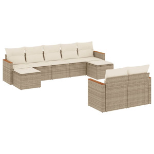 9 pcs conjunto de sofás p/ jardim com almofadões vime PE bege H