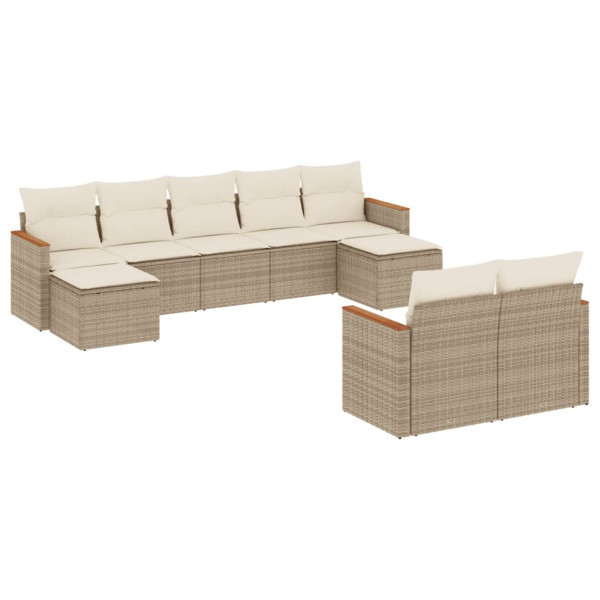 9 pcs conjunto de sofás p/ jardim com almofadões vime PE bege M 2