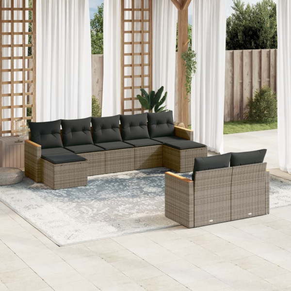 9 pcs conjunto sofás p/ jardim com almofadões vime PE cinzento D