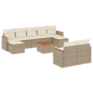 10 pcs conjunto de sofás p/ jardim com almofadões vime PE bege H