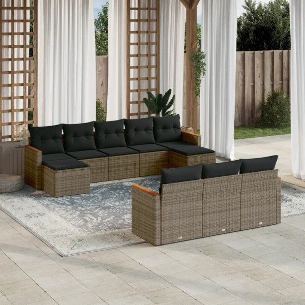 10 pcs conjunto sofás de jardim c/ almofadões vime PE cinzento D
