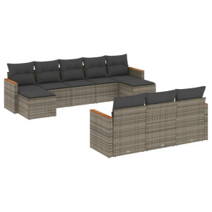 10 pcs conjunto sofás de jardim c/ almofadões vime PE cinzento H