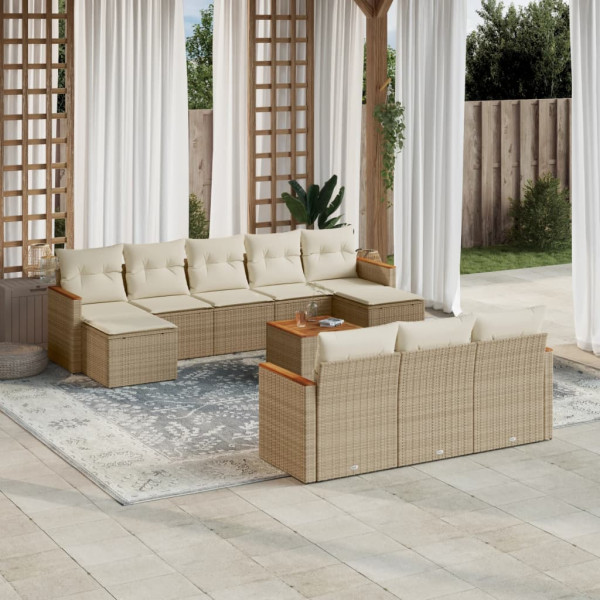 Set de sofás de jardín 11pzas con cojines ratán sintético beige D