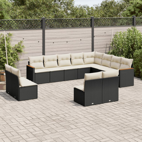 12 pcs conjunto de sofás de jardim c/ almofadões vime PE preto D