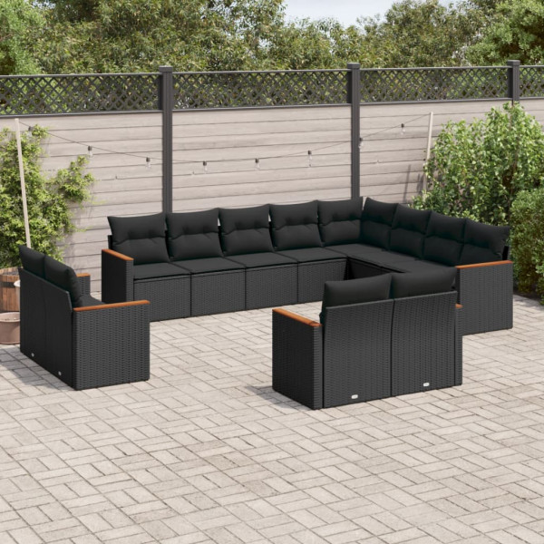 12 pcs conjunto de sofás de jardim c/ almofadões vime PE preto D