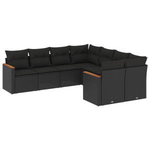 8 pcs conjunto sofás de jardim com almofadões vime PE preto H