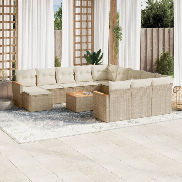 Set sofás de jardín con cojines 13 pzas ratán sintético beige D