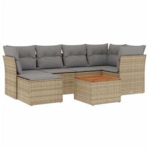 7 pcs conj. sofás jardim c/ almofadões vime PE bege misturado H