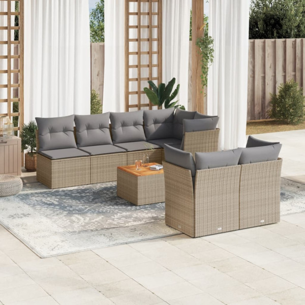 8 pcs conj. sofás jardim c/ almofadões vime PE bege misturado D